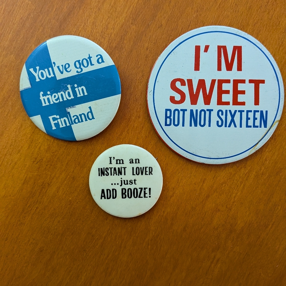 Vintage Novelty Pinback Tin Buttons - Set Of 3, Made In USA and Hong Kong